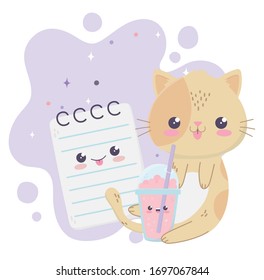 cute cat milkshake and notepad kawaii cartoon character vector illustration