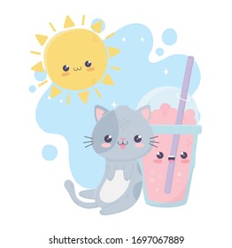 cute cat with milkshake sun kawaii cartoon character vector illustration