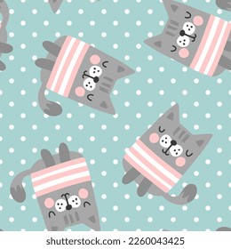 Cute cat mint background polka dot texture baby girl and boy seamless pattern for fabric and textile print, wrapping paper bright vector design