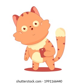 Cute Katze mit Handy-Vektorgrafik-Charakter einzeln auf weißem Hintergrund.