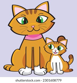 cute cat mom with green eyes and kitty mother's day vector illustration baby animal mother and child