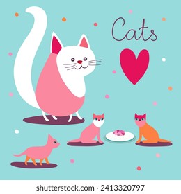 Cute Cat mom with kittens eating, vector illustration. Pink funny cats, cat family, kitten eating from the plate, Cat mom and her baby kittens