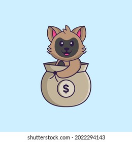 Cute cat in a money bag. Animal cartoon concept isolated. Can used for t-shirt, greeting card, invitation card or mascot.