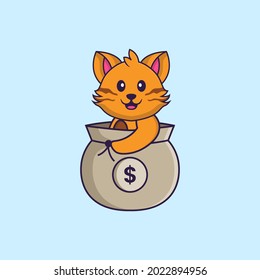 Un gato lindo en una bolsa de dinero. El concepto de caricatura animal aislado. Puede usarse para camisetas, tarjetas de felicitación, tarjetas de invitación o mascota.