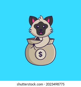 Cute cat in a money bag. Animal cartoon concept isolated. Can used for t-shirt, greeting card, invitation card or mascot.