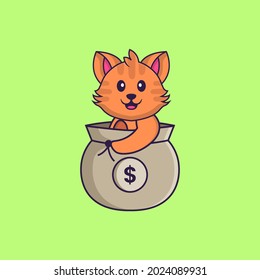 Cute cat in a money bag. Animal cartoon concept isolated. Can used for t-shirt, greeting card, invitation card or mascot.