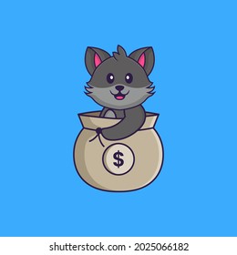 Cute cat in a money bag. Animal cartoon concept isolated. Can used for t-shirt, greeting card, invitation card or mascot.