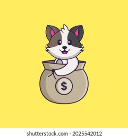 Cute cat in a money bag. Animal cartoon concept isolated. Can used for t-shirt, greeting card, invitation card or mascot.