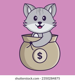 Cute cat in a money bag. Animal cartoon concept isolated. Can used for t-shirt, greeting card, invitation card or mascot.