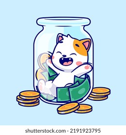 Cute Cat With Money And Gold Coin In Bottle Cartoon Vector Icon Illustration. Animal Business Icon Concept Isolated Premium Vector. Flat Cartoon Style