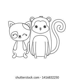 cute cat with monkey animals isolated icon