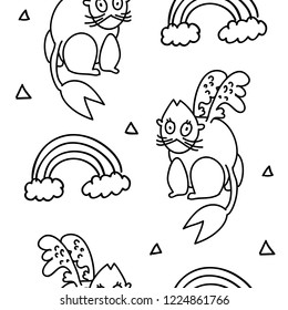 	
Cute cat monsters and rainbow pattern. Hand drawn vector doodle design for girls, boys, kids. Hand drawn children's pattern for fashion clothes, fabric