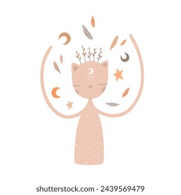 Cute cat with moon and leaves. Abstract cat illustration. Minimalist vector art for printable products, cards.