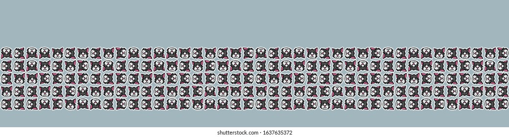 Cute cat mosaic print seamless vector border pattern. Hand drawn kawaii pet kitten banner background. Adorable feline face. Kitty lover masking washi tape. Cartoon japanese pussycat line art 