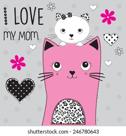 cute cat mother and daughter mothers day card vector illustration