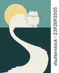 Cute cat mountain view with road poster. Kitty sitting alone in sunrise.
