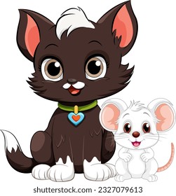 Cute Cat with Mouse in Cartoon Style illustration
