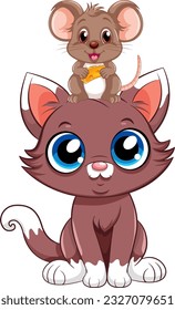 Cute Cat with Mouse in Cartoon Style illustration