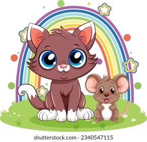 Cute Cat with Mouse in Cartoon Style illustration