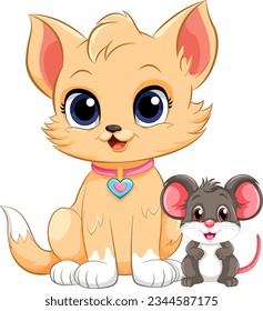 Cute Cat with Mouse in Cartoon Style illustration