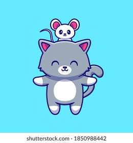 Cute Cat With Cute Mouse Cartoon Vector Icon Illustration. Animal Nature con Concept Isolated Premium Vector. Flat Cartoon Style