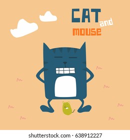 Cute Cat and Mouse Design for tee print, t-shirt, embroidery, shirt, mug, bag, lunchbox, wallpaper, tote bag, poster and banner flat design for kids. Retro vector illustration