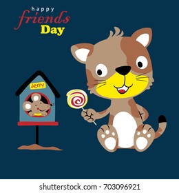 Cute cat with mouse on cage, vector cartoon illustration
