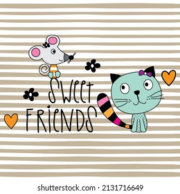 Cute cat and mouse on striped background vector illustration.                 