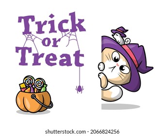A CUTE CAT WITH A MOUSE IS PEEKING A BUCKET OF CANDY. HALLOWEEN BACKGROUND
