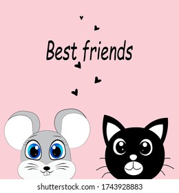 cute cat with mouse vector illustration, animal friendship