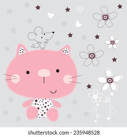 cute cat with mouse vector illustration