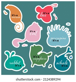 Cute Cat, Mouse, Whale, Porcupine, Capybara, Rabbit and Bee Set Stickers. Concept for Label, Card, Poster, Eco Bag and Garment.