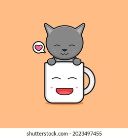 Cute cat in the mug cartoon icon illustration. Design isolated flat cartoon style
