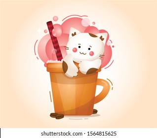 Cute cat in a mug with coffee. Illustration for printing on clothing, stationery.