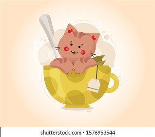Cute cat in a mug with coffee. Illustration for printing on clothing, stationery.
