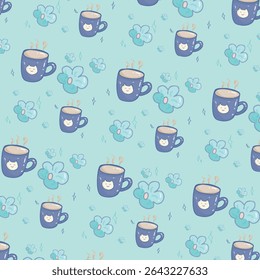 Cute Cat Mug and Floral Pattern, Blue soft background digital art, wallpaper, wraping paper, vector