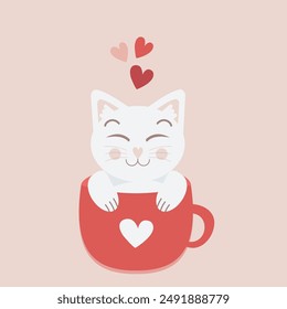 Cute cat with mug and hearts