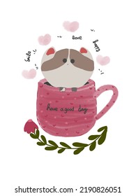 Cute cat in the mug with motivational words around it animation, illustrations for phone case, logo, pillow case, fabric print, wallpaper,social media post, doodle, covers, templates,wall decor, cards