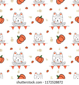 cute cat mummy and pumpkin seamless pattern vector.