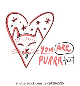 Cute cat muzzle in Scandinavian style flat illustration on white backdrop. Hand-drawn decorative vector lettering You Are Purrrfect funny text. Kid's style positive lettering quote print for posters