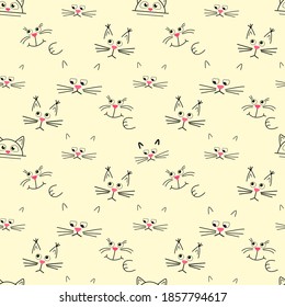 Cute cat muzzle. Seamless pattern on yellow background. Suitable for background or printing on fabric. Vector cartoon Illustration.