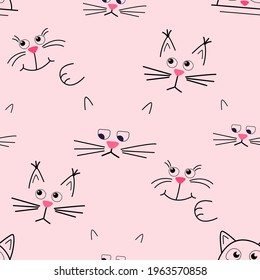 Cute cat muzzle. Seamless pattern on pink background. Use for background or printing on fabric. Vector cartoon Illustration. 