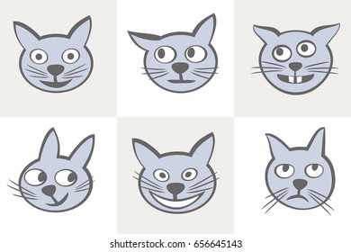 A cute cat muzzles. Different emotions. Smiles cats icon set. Vector illustration.