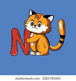 Cute cat with N Letter Vector Illustration