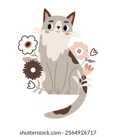 Cute cat in a naive style among flowers. Illustration in brown and gray colors.