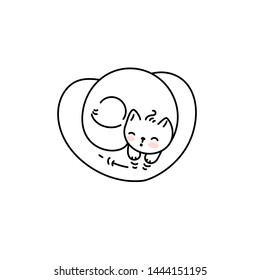 Cute cat napping on heart shape pillow.  Kitten simple line vector illustration.