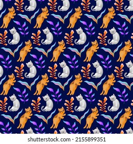 Cute Cat Nature Vector Seamless Pattern. Awesome for classic product design, fabric, backgrounds, invitations, packaging design projects. Surface pattern design.
