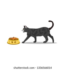 Cute cat near the bowl with cat feed. Vector illustration isolated on white background.