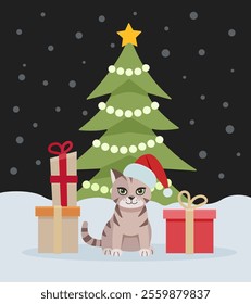 Cute cat near the New Year tree.Christmas card with cat, kitten. Happy holidays. Greeting concept. Ideal for print, postcard or label. New Year card. Vector illustration on a white background.