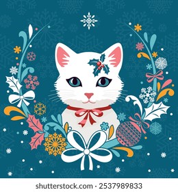 Cute cat with a New Year s wreath.